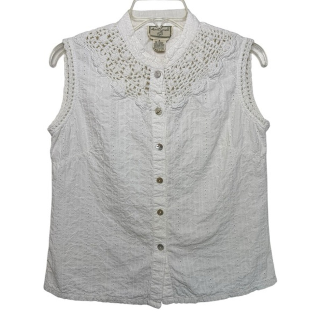 APRIL CORNELL Crochet Lace Blouse Size Small White Sleeveless Cottagecore